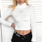 Embroidered Turtle-neck Faux Shearling Long-sleeve T-shirt