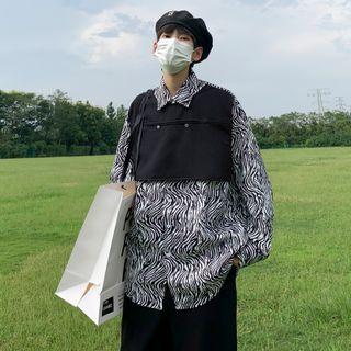 Mock Two-piece Paneled Zebra Print Shirt