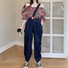 Off-shoulder Printed Top / Off-shoulder Denim Jumper Pants