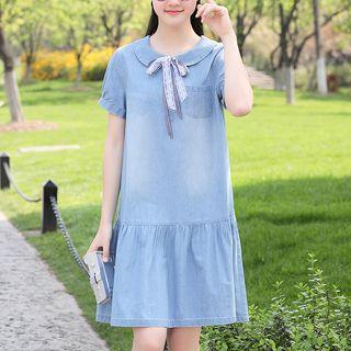 Short-sleeve Collared Washed Denim Dress