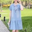 Short-sleeve Collared Washed Denim Dress