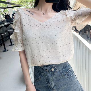 Dotted Cut-out Elbow-sleeve Blouse