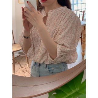 Elbow-sleeve Floral Blouse Pink - One Size