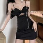 Spaghetti Strap Rhinestone Heart Bow Cutout A-line Dress
