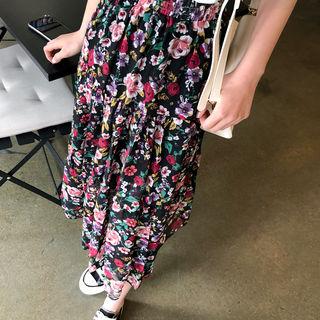 Band-waist Floral Print Skirt Black - One Size