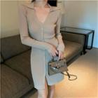 Long-sleeve Button-up Slim-fit Knit Dress