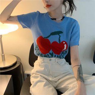 Short-sleeve Cherry Knit Top Blue - One Size