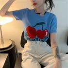 Short-sleeve Cherry Knit Top Blue - One Size