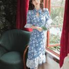 Short-sleeve Graphic Print Lace Trim Midi Mermaid Qipao Dress