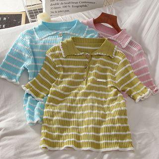 Striped Color Block Polo Knit Top