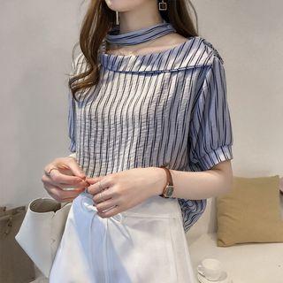 Short-sleeve Stripe Asymmetric Collar Blouse