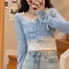 Long-sleeve Lace Trim Button-up Crop Top
