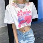 Cold-shoulder Heart Print Crop T-shirt