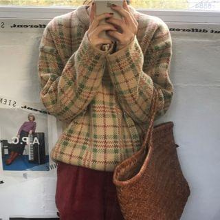 Plaid Round-neck Sweater As Shown In Figure - One Size