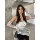 Set: Strapless Mesh Top + Oversleeves Set Of 2 - Top & Oversleeves - Beige - One Size