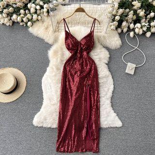 V Neck Sequin Slit Spaghetti-strap Dress
