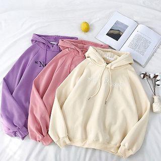 Plain Lettering Embroidered Fleece Long-sleeve Sweatshirt