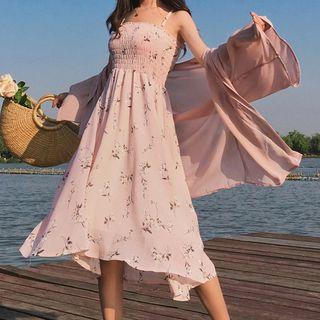 Set: Print Spaghetti Strap Dress + Chiffon Light Jacket