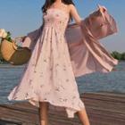 Set: Print Spaghetti Strap Dress + Chiffon Light Jacket