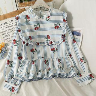 Printed Ruffle-trim Crew Blouse Blue - One Size