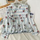Printed Ruffle-trim Crew Blouse Blue - One Size