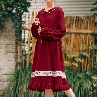 Ruffle-hem Long-sleeve Dress With Tie
