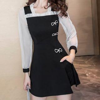 Set: Bow Detail Long-sleeve Mini A-line Dress + Shorts