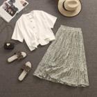 Set: Short-sleeve Button-up Top + Floral Midi A-line Skirt