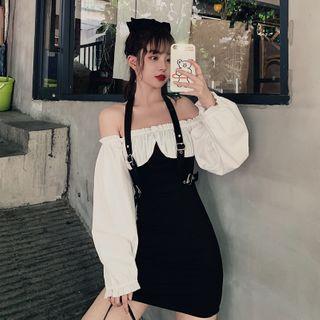 Mock Two-piece Cold-shoulder Balloon-sleeve Mini Sheath Dress