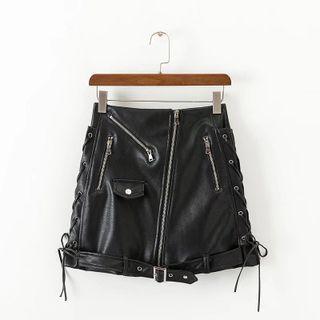 Faux Leather Lace-up Mini Pencil Skirt