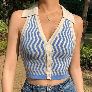 Halter-neck Polo-neck Printed Knit Top