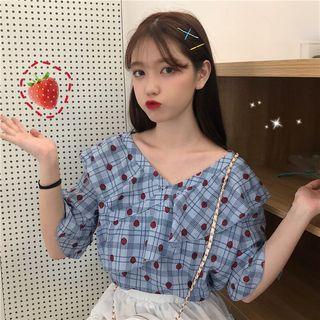 Elbow-sleeve Strawberry Printed Ruffled Blouse