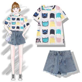 Short-sleeve Cat Print T-shirt / Denim Shorts