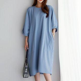 Batwing-sleeve Patch-pocket Midi Dress