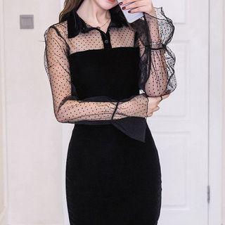 Mesh Panel Long-sleeve Collared Sheath Minidress