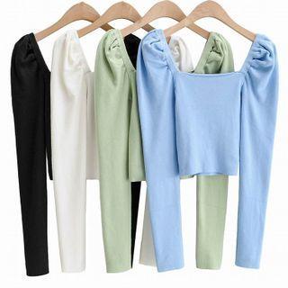 Puff-sleeve Square Collar Knit Top
