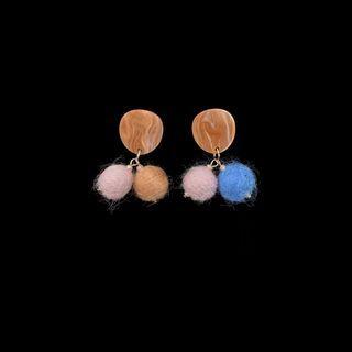 Pom Pom Dangle Earring 1 Pair - Asymmetric - Light Purple & Blue & Brown - One Size