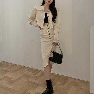 Asymmetrical Cropped Light Shirt / Slited Midi Pencil Skirt