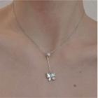 Butterfly Drop Sterling Silver Necklace 1pc - Silver & Beige - One Size