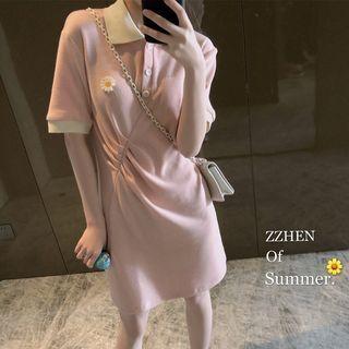 Short-sleeve Floral Applique Mini Polo Dress