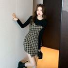 Mock Two-piece Long-sleeve Check Mini Sheath Dress (various Designs)