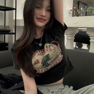 Short-sleeve Print Cropped T-shirt Washed Black - One Size