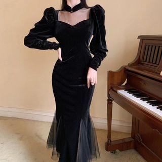 Puff-sleeve Mesh Panel Velvet Sheath Dress