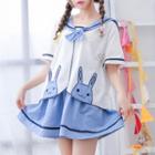 Set: Rabbit Embroidered Sailor Collar Blouse + A-line Skirt