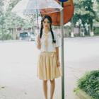Set: Short-sleeve Floral Embroidered Blouse + Gingham A-line Skirt