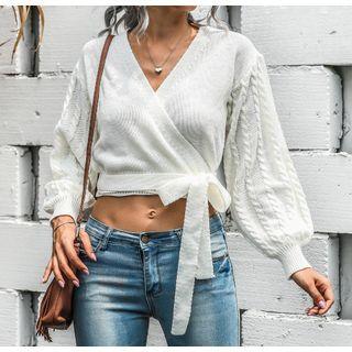 Lantern-sleeve Tie-strap Crop Knit Top