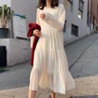 Long-sleeve Shirred Midi Chiffon Dress