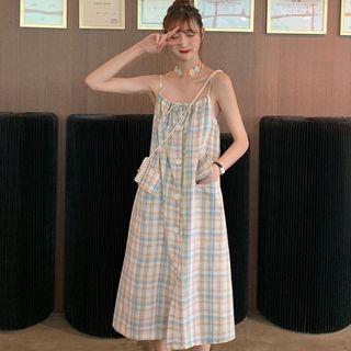 Plaid Spaghetti-strap Midi A-line Dress