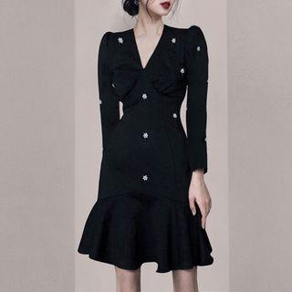 Long-sleeve Flower Print Ruffle Hem Sheath Dress