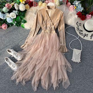 Long-sleeve Velvet Paneled Ruffled Mesh A-line Maxi Dress